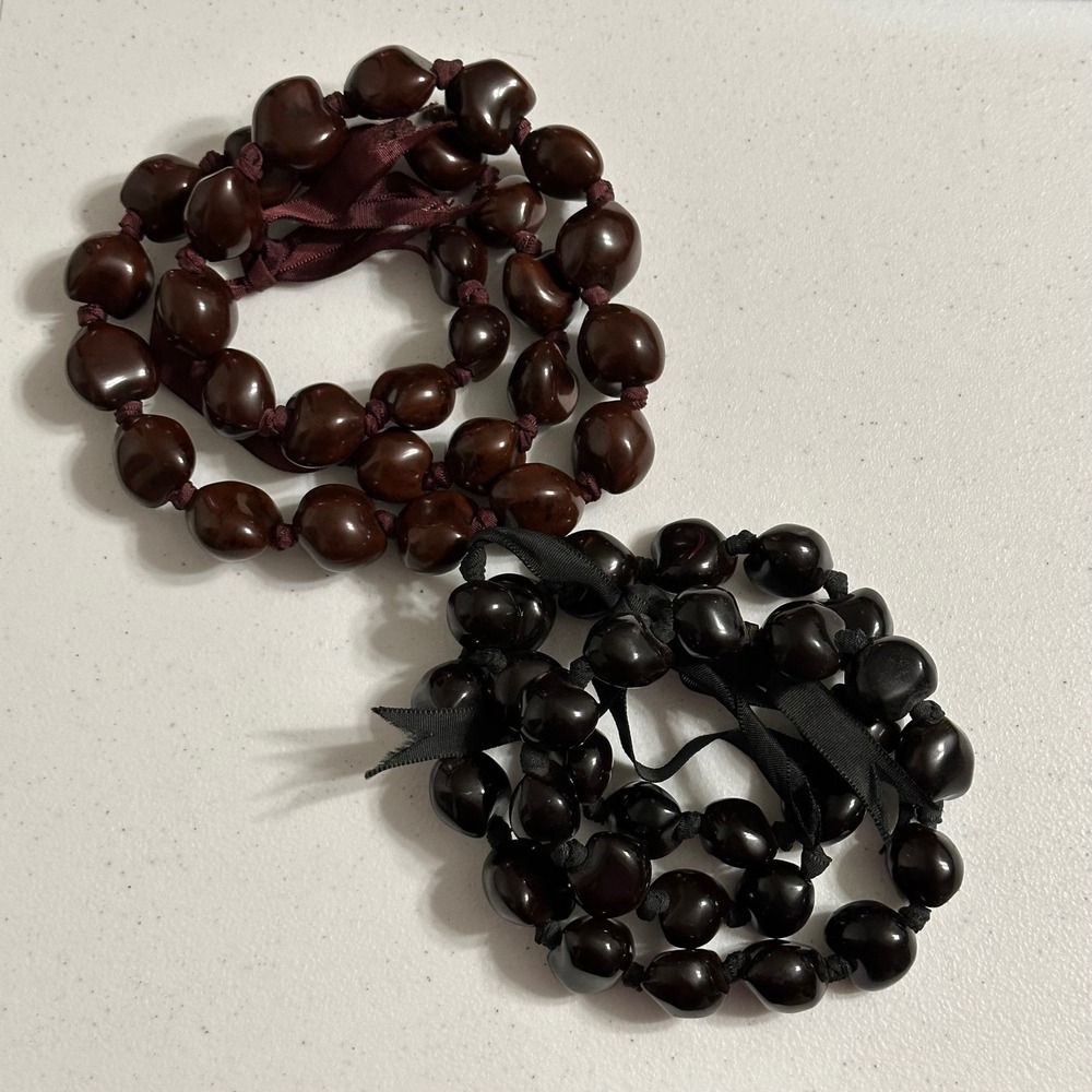Kukui‎ Nut Lei Black & Brown Shell 32" Inch Hawaiian Necklace Ribbon Tie Closure